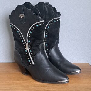 DINGO Women's Turquoise Accent Black Leather Cowboy Boots Size 7